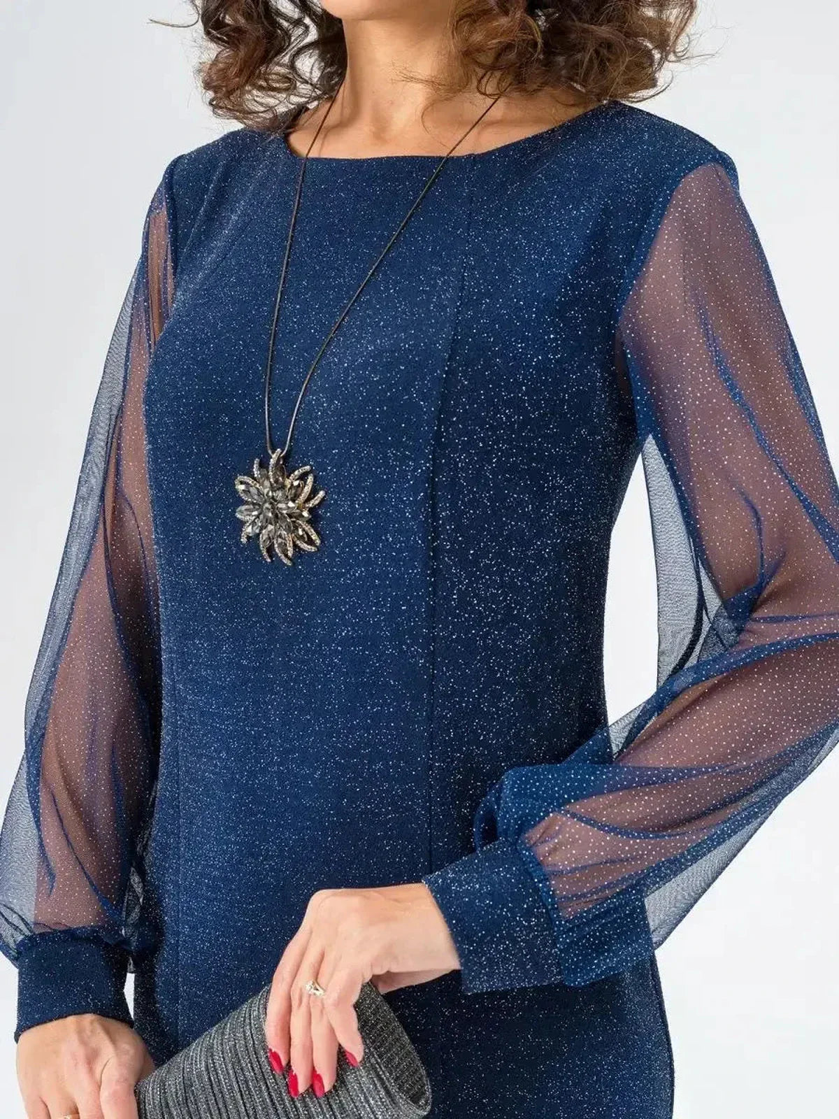 Celeste Midi Dress with sheer sleeves in navy blue, featuring elegant lurex, perfect for weddings and formal events.