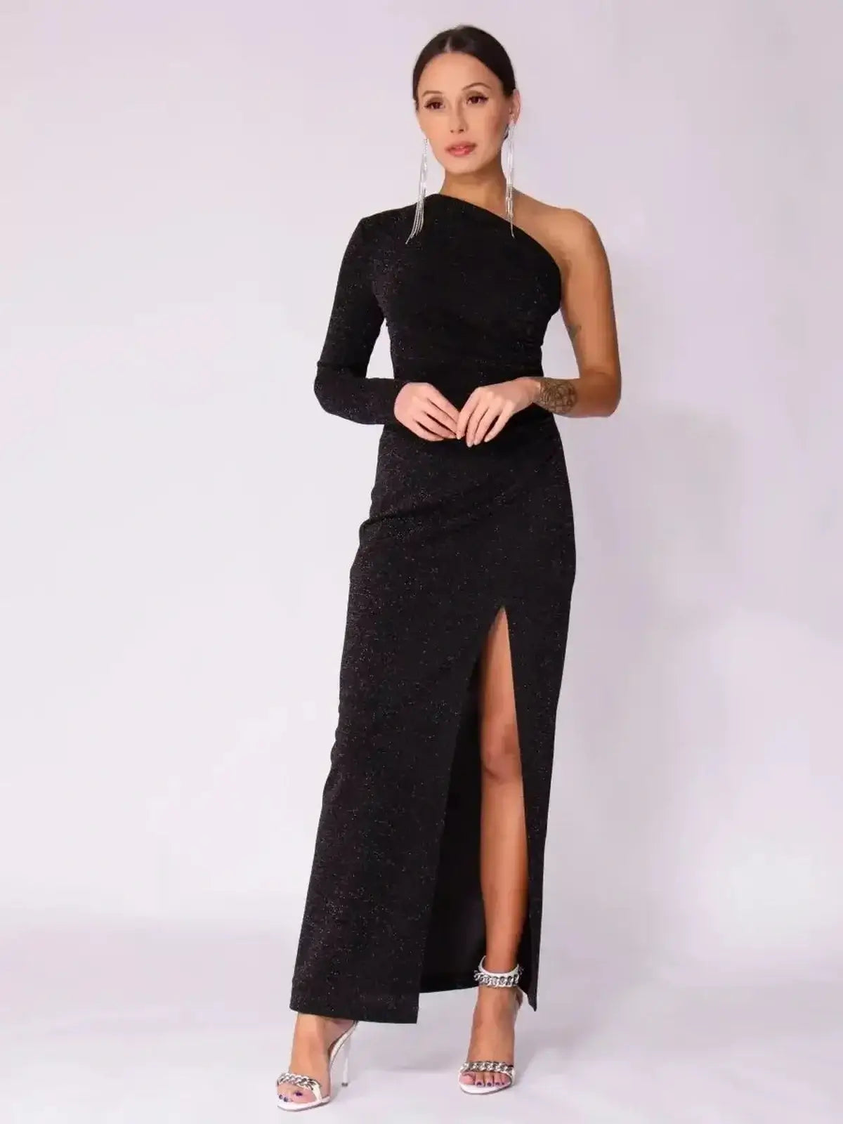 Luna Noir Maxi Dress with one-shoulder design, thigh-high slit, and elegant drape, perfect for formal events and weddings.