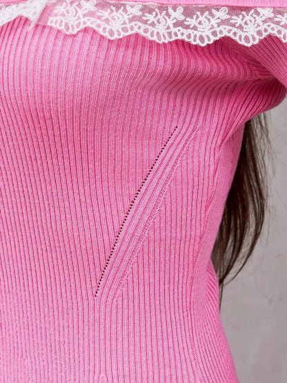 Close-up of the pink lace Bardot mini dress showcasing the ribbed texture and lace trim design.