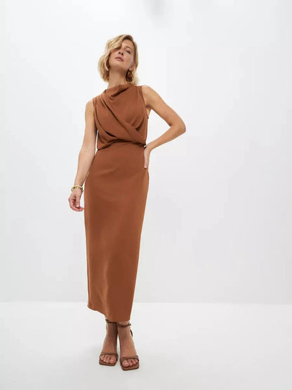 Sculpted Drape Maxi Dress in warm light brown, showcasing fluid draping and elegant silhouette, ideal for formal occasions.