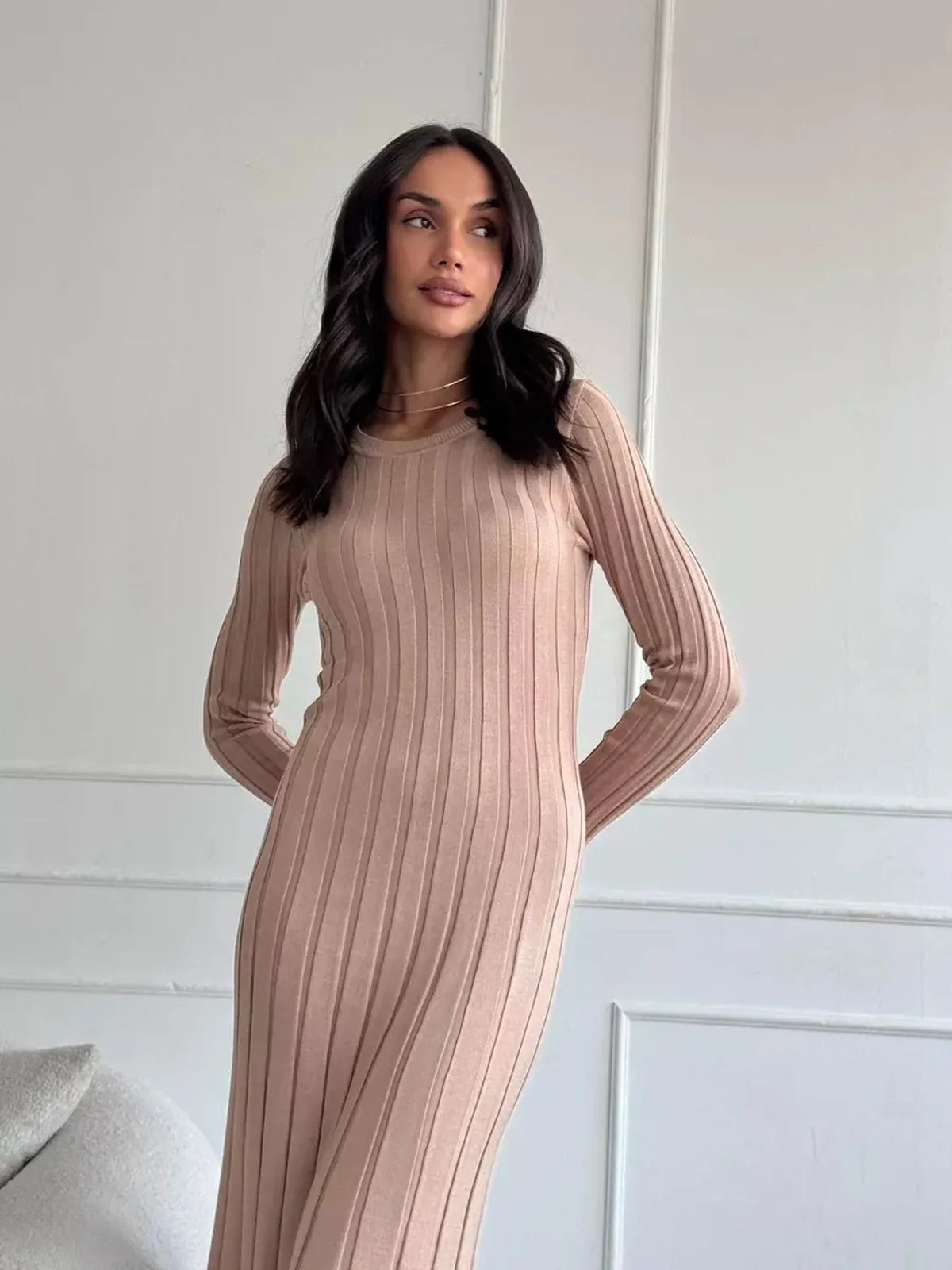 Sahara Curve Maxi Dress in Sandstone Beige, showcasing a sculpted fit with soft ribbed texture, ideal for summer and formal occasions.