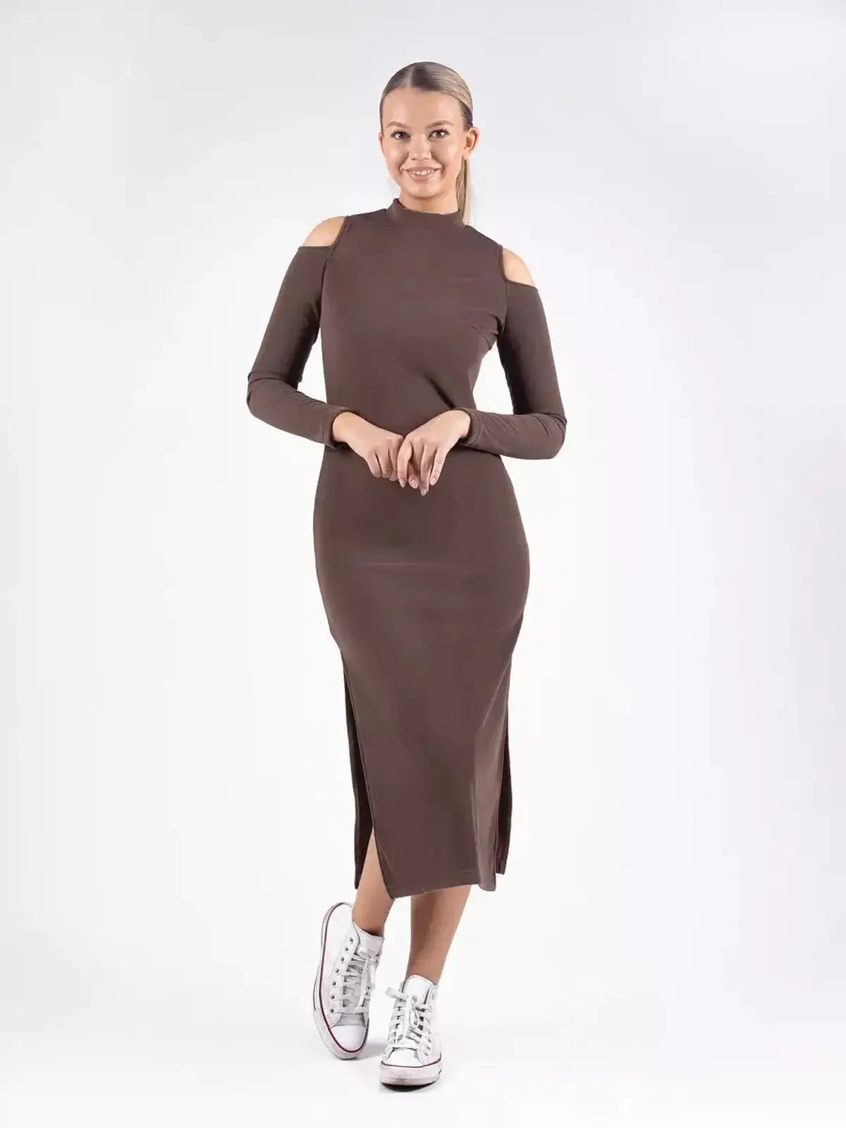Sleek Midi Dress Élan in rich coffee hue with cut-out shoulders, perfect for summer dresses and special occasions.