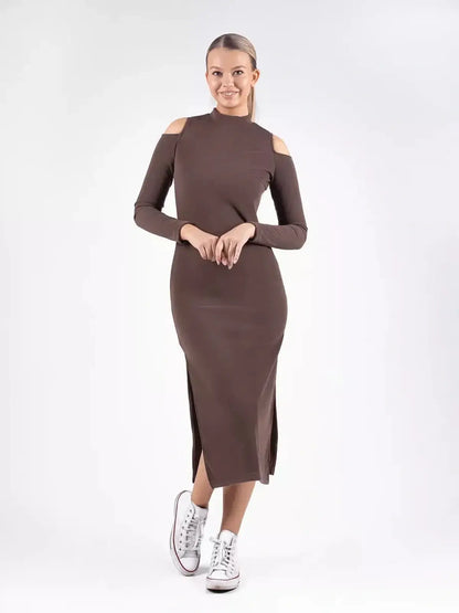 Sleek Midi Dress Élan in rich coffee hue with cut-out shoulders, perfect for summer dresses and special occasions.