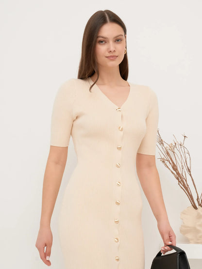 Pearl Knit Midi Dress featuring a fitted silhouette and V-neckline, adorned with gold-toned buttons, perfect for elegant occasions.