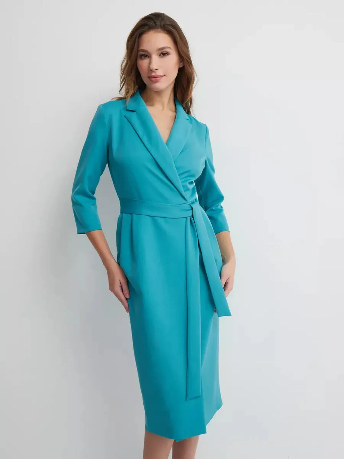 Elegance Wrap Midi Dress in turquoise featuring a tailored silhouette, belted waist, and notched lapels for formal events.