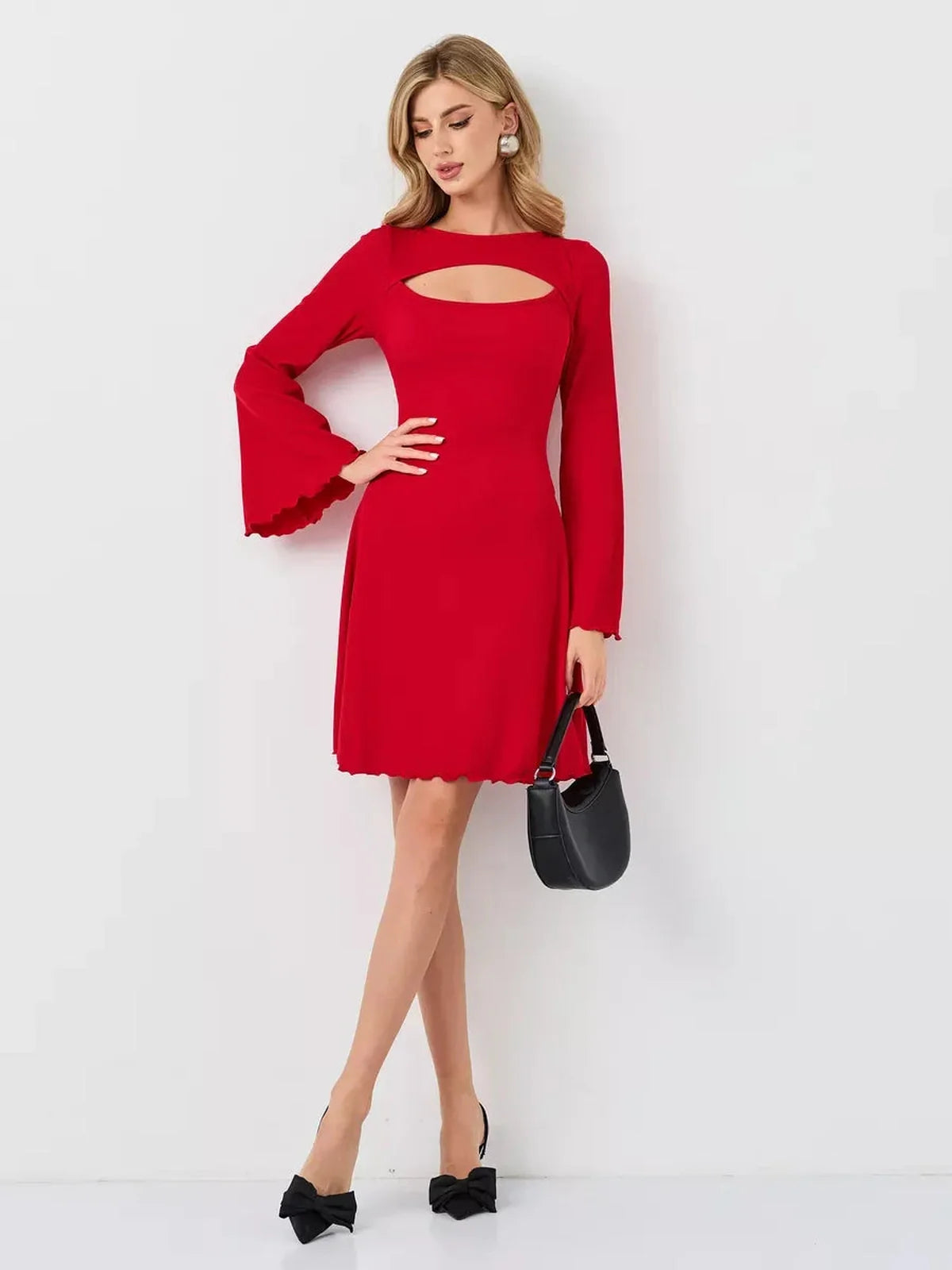 Stunning red flare cutout mini dress with bell sleeves, perfect for summer events and formal occasions.
