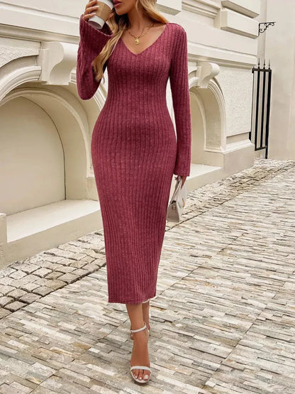 Elegant chestnut midi dress with ribbed knit and bell sleeves, perfect for weddings and formal gatherings.