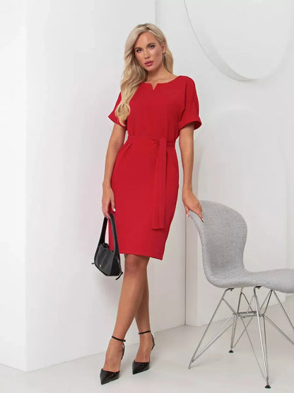 Timeless red mini dress with a flattering silhouette and belt detail for weddings, proms, and summer events.