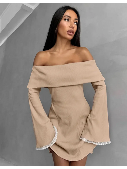 Muse Mini Dress in beige with off-shoulder design, flared lace-trimmed sleeves, perfect for summer or wedding guest attire.