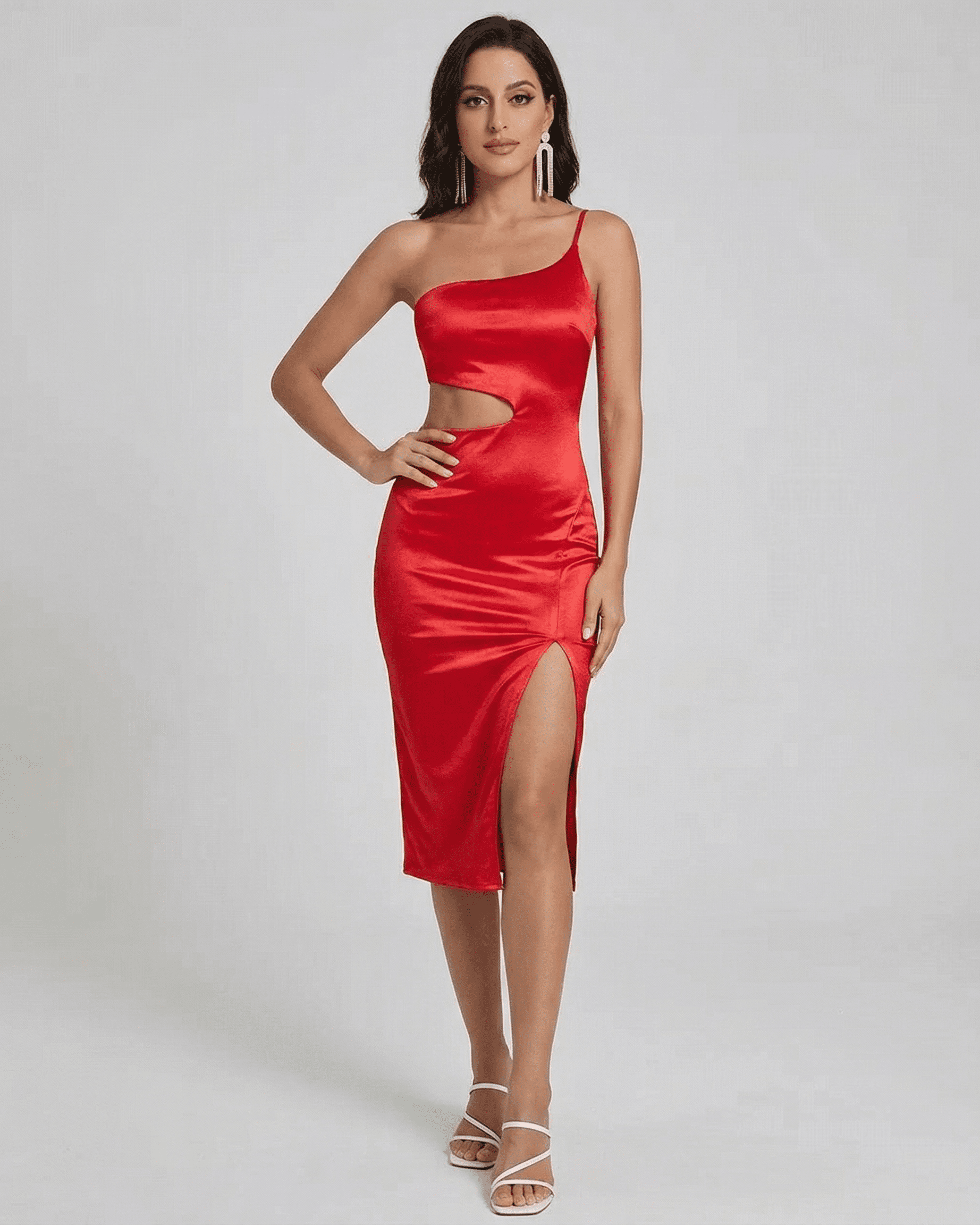 Scarlett Midi Dress by Slimona, a bold one-shoulder satin dress with sculpted cutout and high-slit design in red.