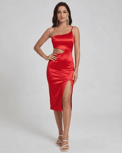 Scarlett Midi Dress by Slimona, a bold one-shoulder satin dress with sculpted cutout and high-slit design in red.