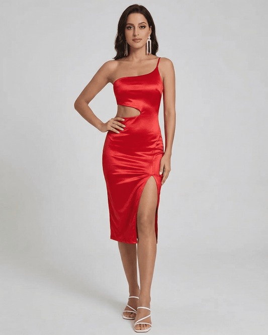 Scarlett Midi Dress by Slimona, a bold one-shoulder satin dress with sculpted cutout and high-slit design in red.