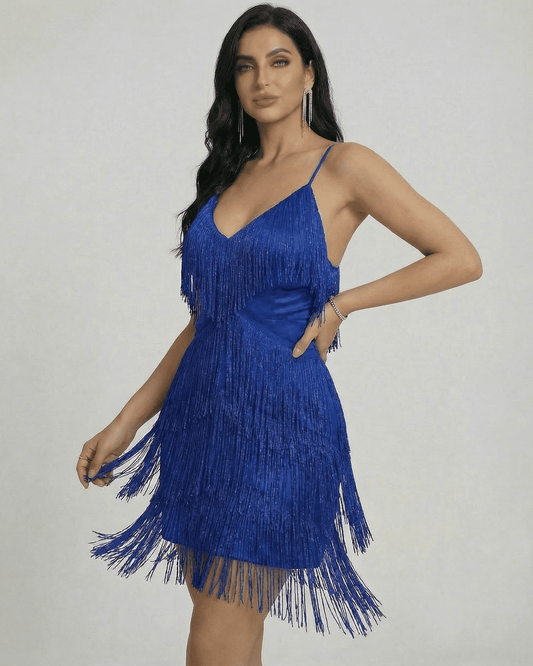 Azure Mini Dress by Slimona featuring layered fringe detailing and a V-neck silhouette in striking blue.