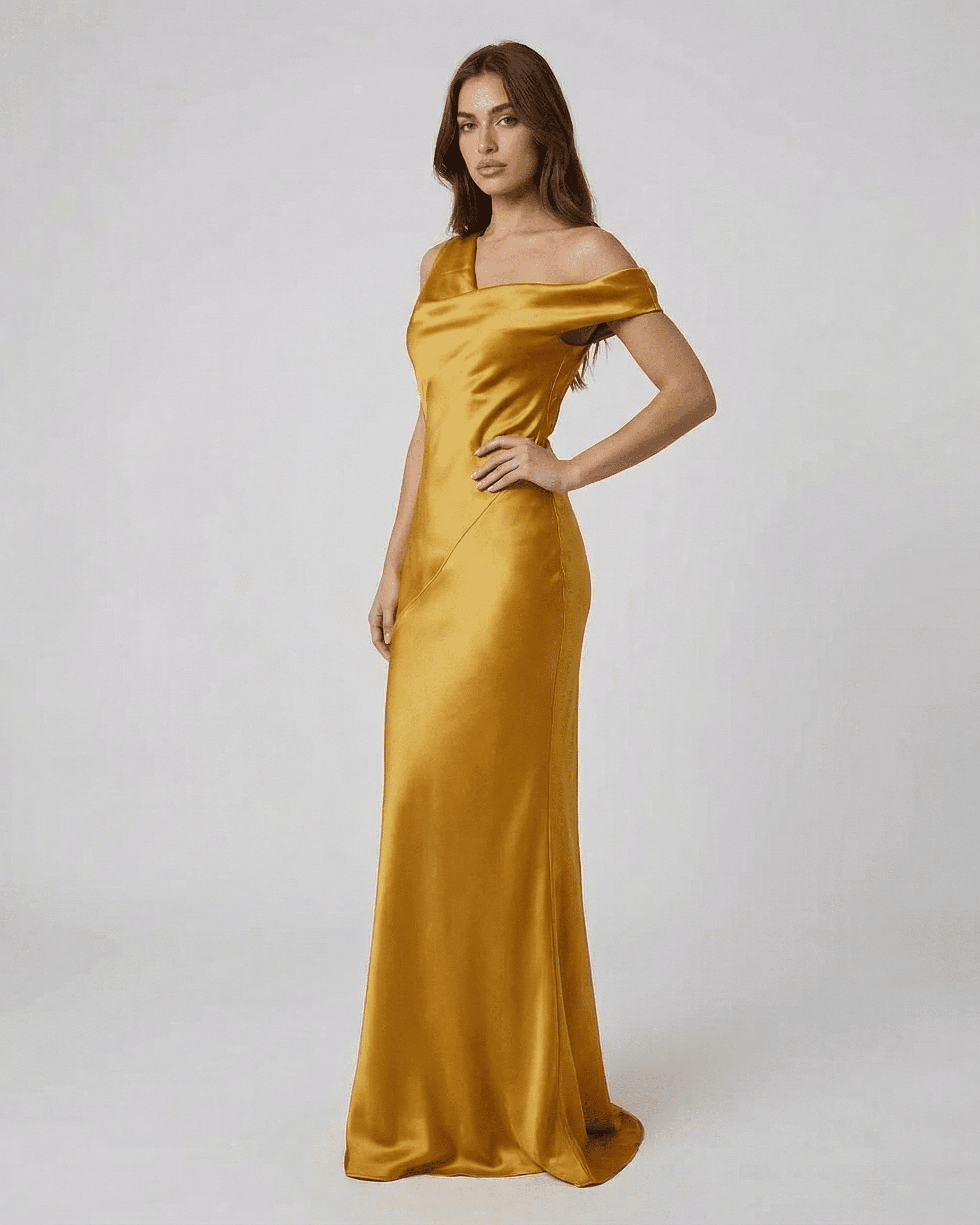 Aurelia Maxi Dress from Slimona, stunning satin gold dress with high waist and open back design.