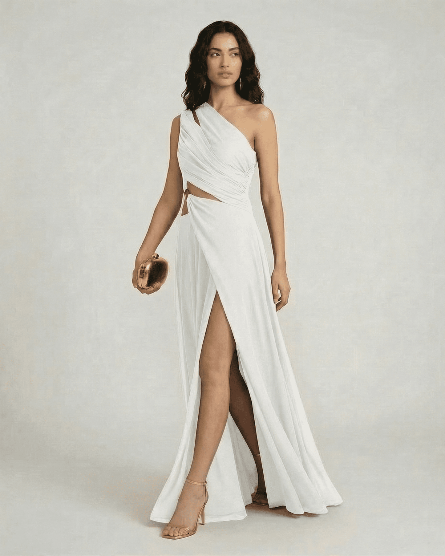 Ivorya Maxi Dress by Slimona, one shoulder white dress with high waist and elegant side slit, perfect for special occasions.