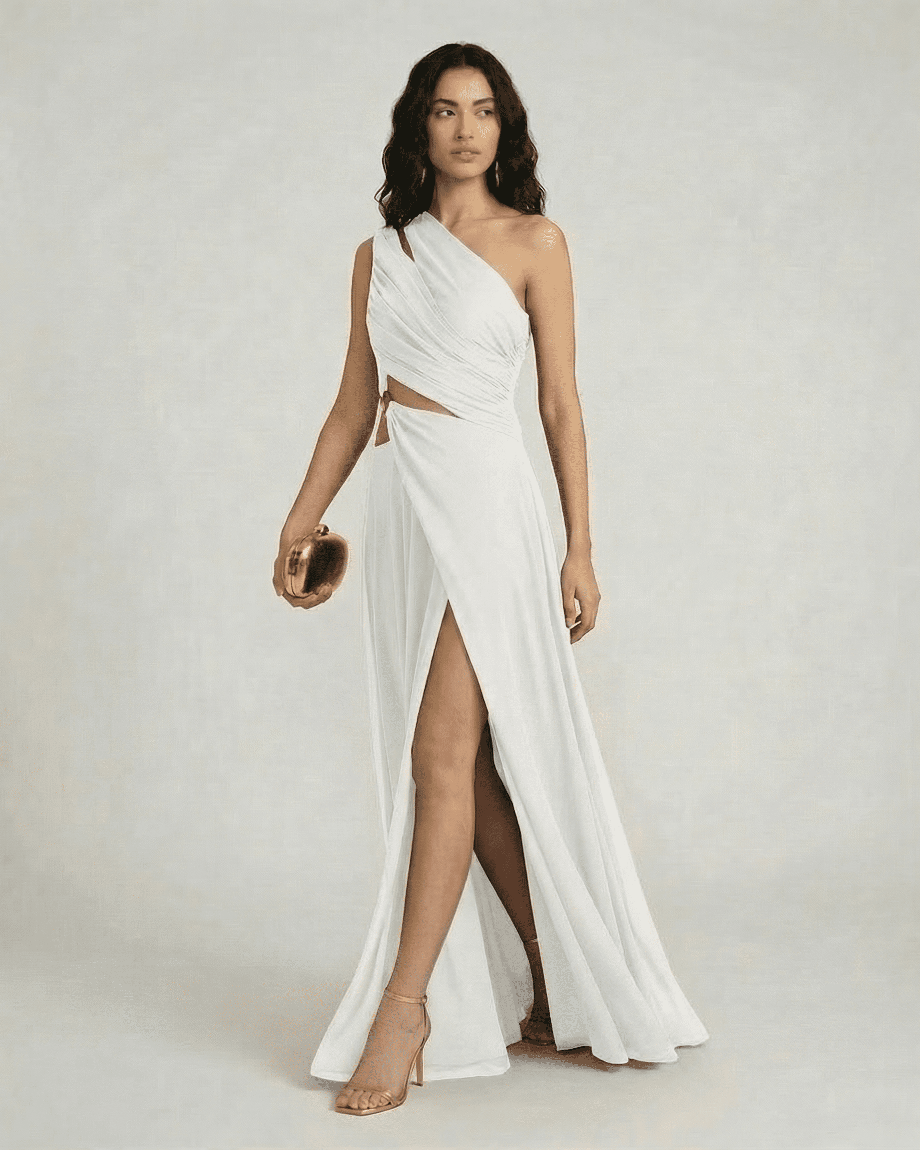 Ivorya Maxi Dress by Slimona, one shoulder white dress with high waist and elegant side slit, perfect for special occasions.