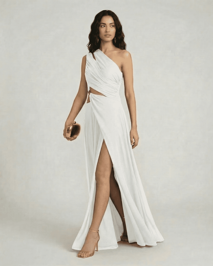 Ivorya Maxi Dress by Slimona, one shoulder white dress with high waist and elegant side slit, perfect for special occasions.