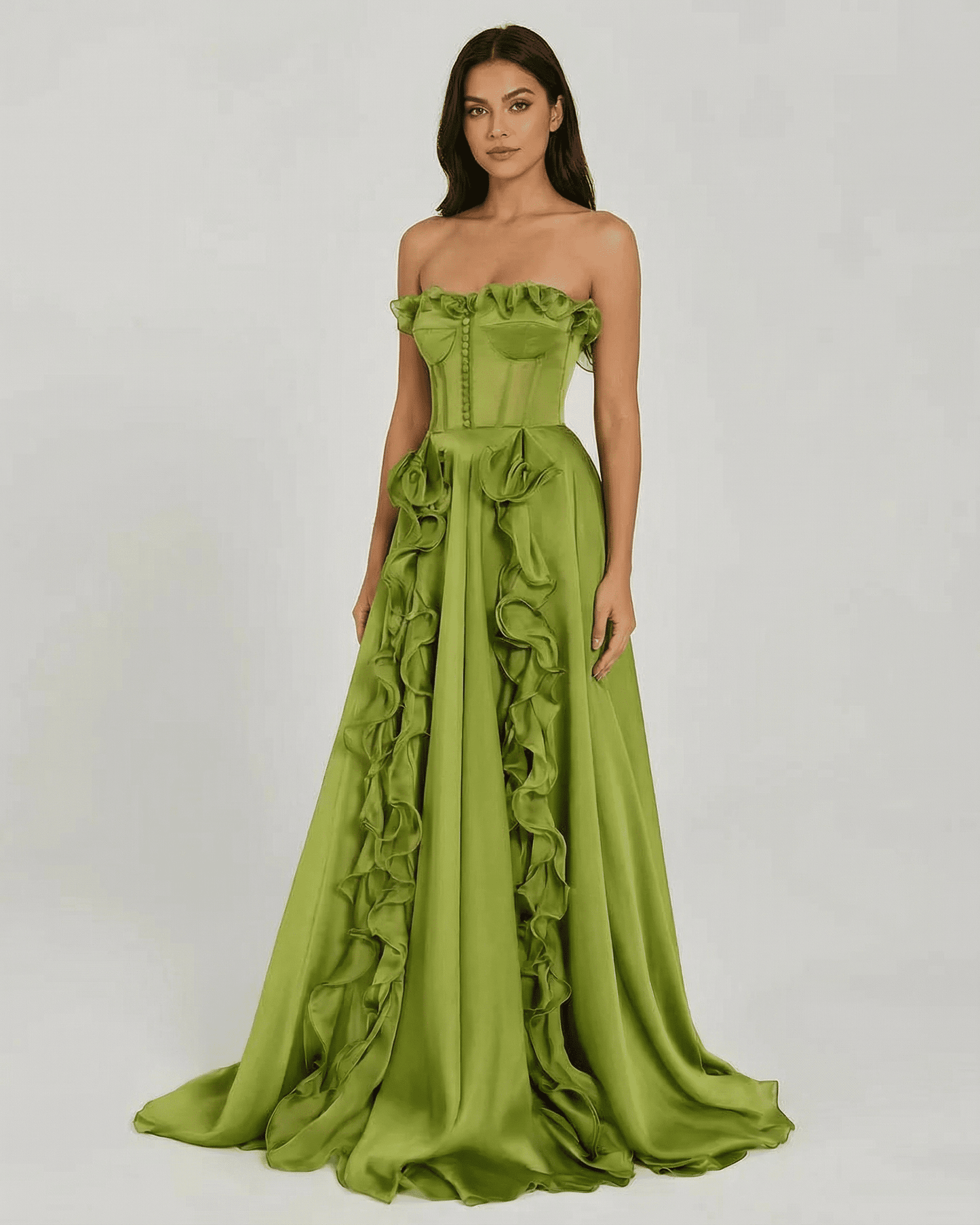 Verdessa Maxi Dress by Slimona - Elegant strapless green dress with ruffle detail and flowing silhouette.
