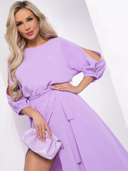 Luxe Lilac Midi Dress with shoulder cutouts, belted waist, and flowing silhouette, perfect for weddings and summer events.