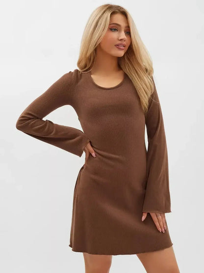 Cocoa Tie Mini Dress featuring long flared sleeves and a flattering silhouette, ideal for summer or casual occasions.