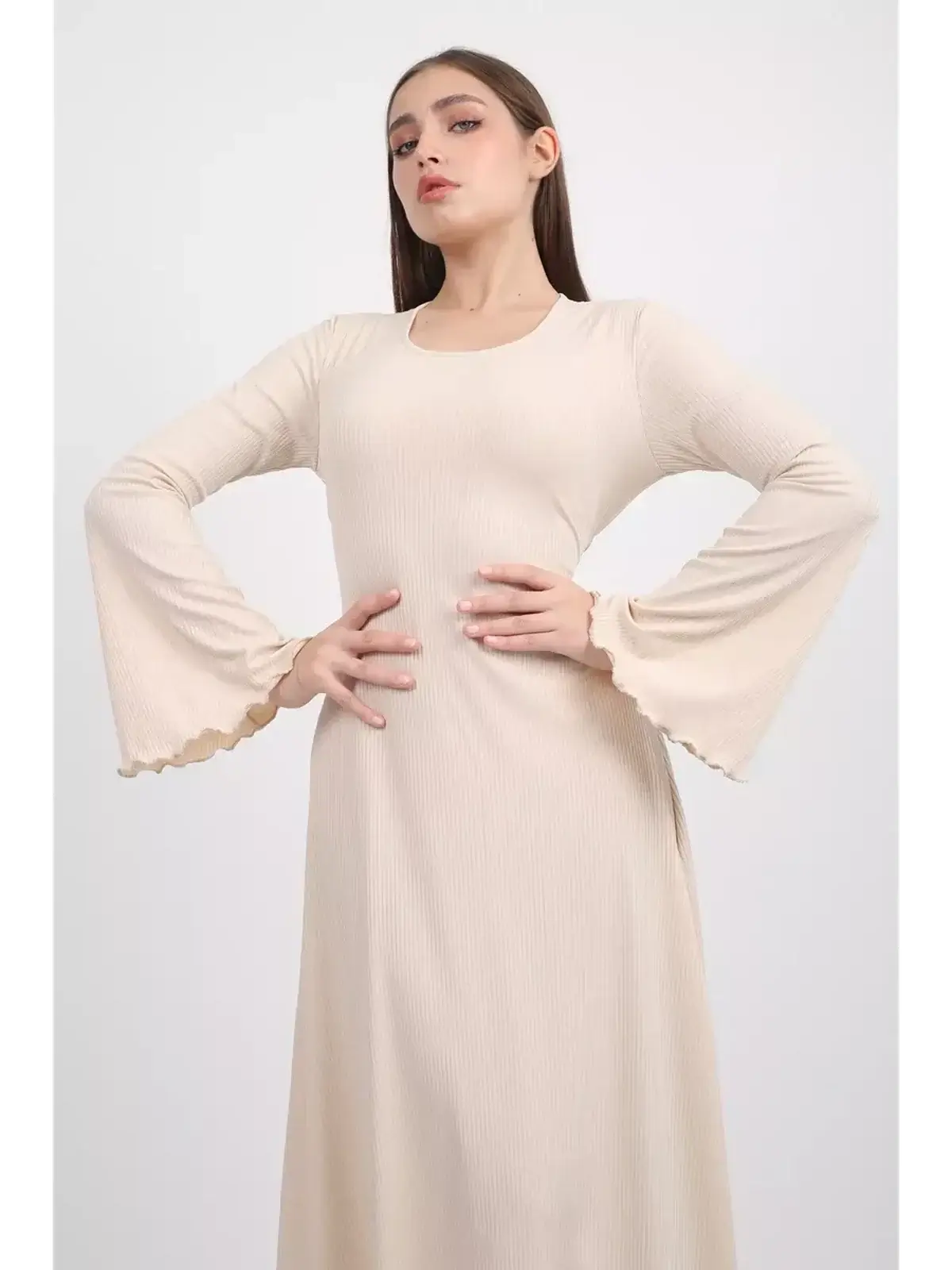 Ivory Flow Midi Dress featuring bell sleeves and a U-neckline, perfect for weddings and elegant occasions.