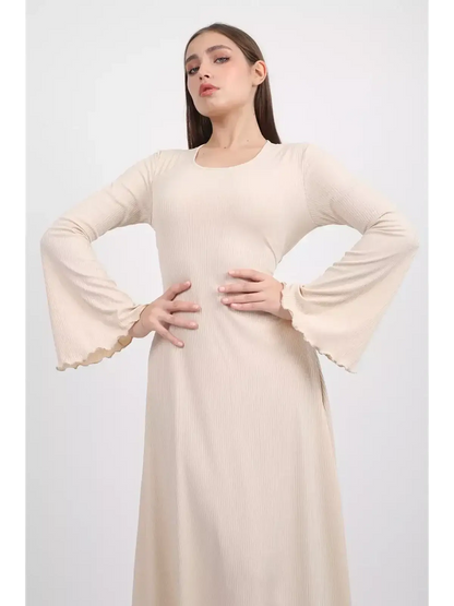 Ivory Flow Midi Dress featuring bell sleeves and a U-neckline, perfect for weddings and elegant occasions.
