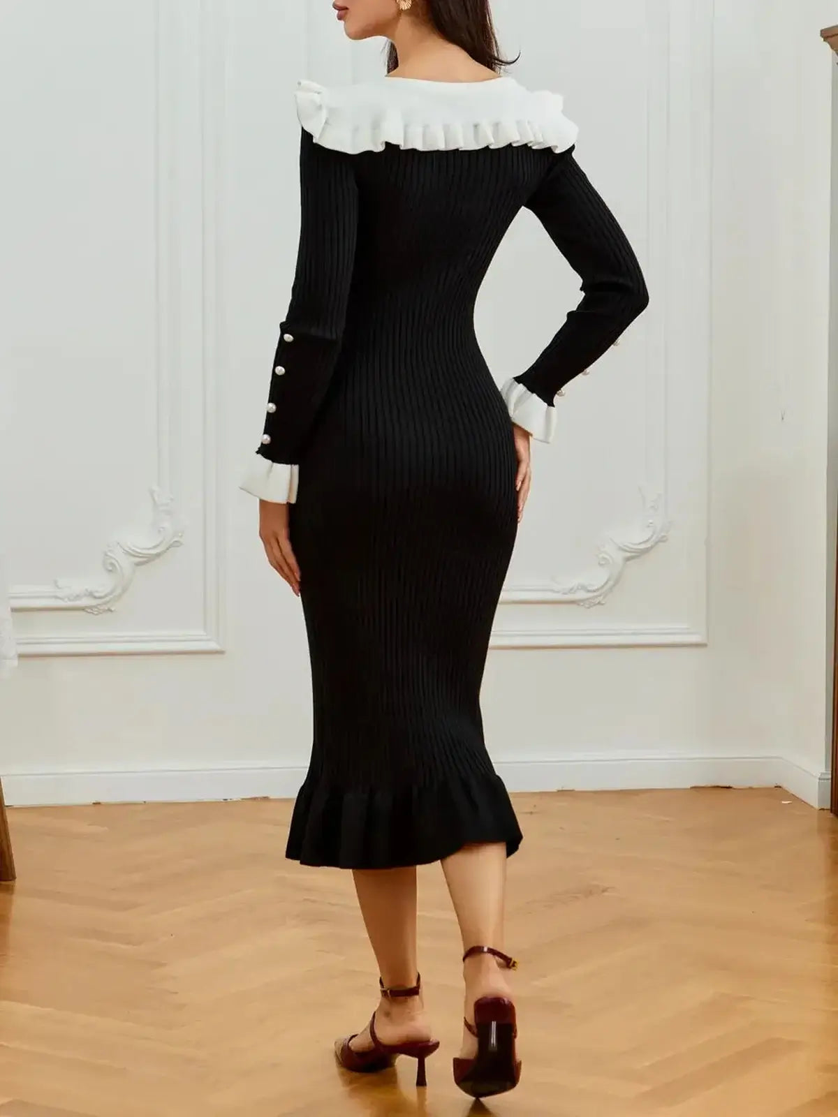 Monaco Midi Dress featuring pearl trim, flared cuffs, and a sculpted silhouette, perfect for formal occasions or summer events.