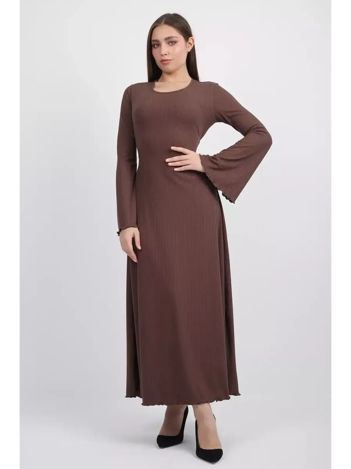 Sculpted Grace Midi Dress in coffee-toned ribbed knit with flared sleeves and U-neckline, perfect for summer and formal occasions.
