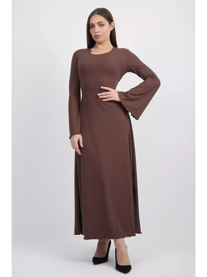 Sculpted Grace Midi Dress in coffee-toned ribbed knit with flared sleeves and U-neckline, perfect for summer and formal occasions.