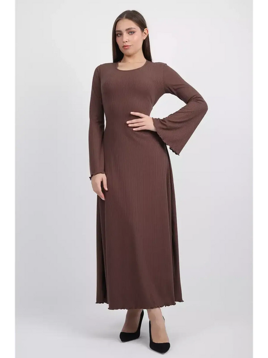 Sculpted Grace Midi Dress in coffee-toned ribbed knit with flared sleeves and U-neckline, perfect for summer and formal occasions.