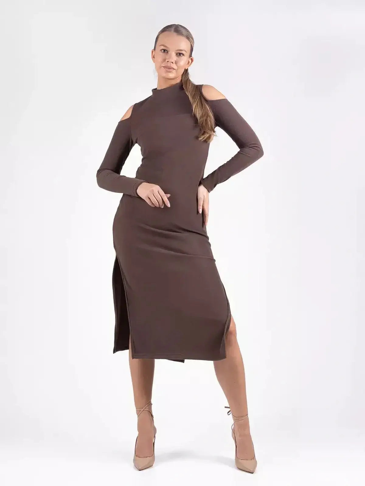 Sleek Midi Dress Élan in rich coffee hue with cut-out shoulders, perfect for weddings, proms, and formal occasions.