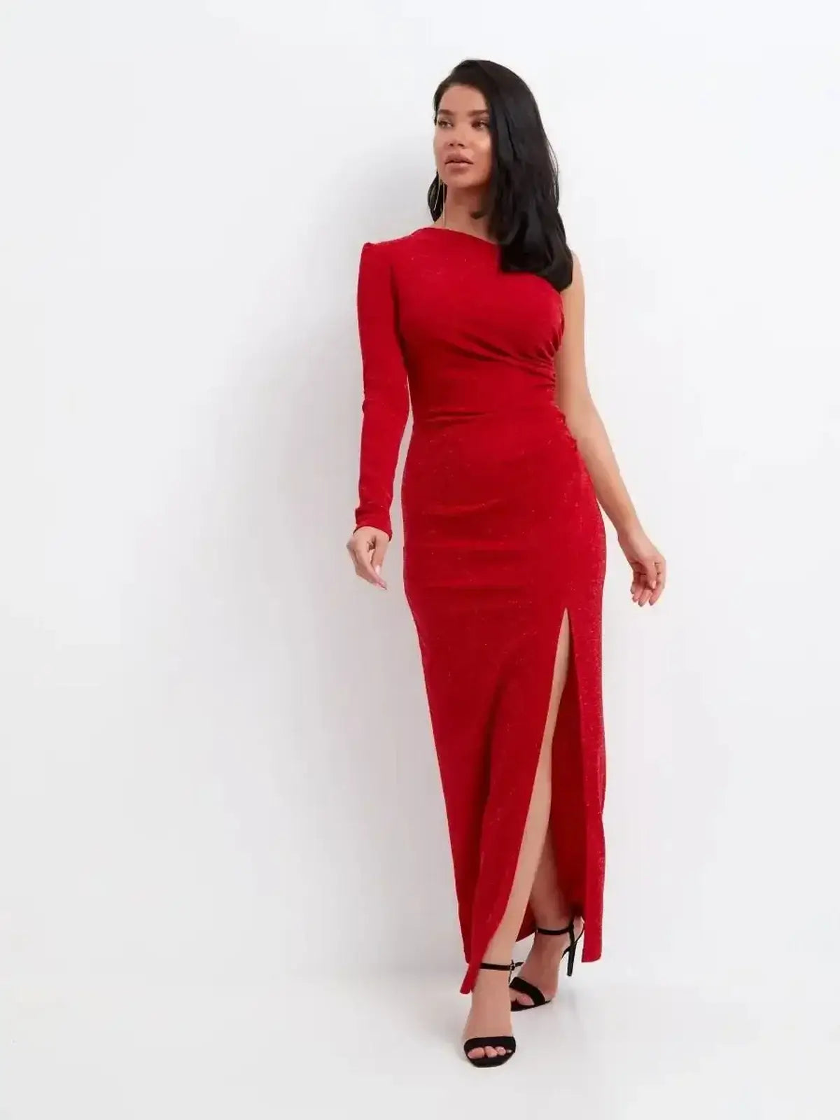 Stunning red maxi dress with one-shoulder design and thigh-high slit, perfect for elegant events and special occasions.