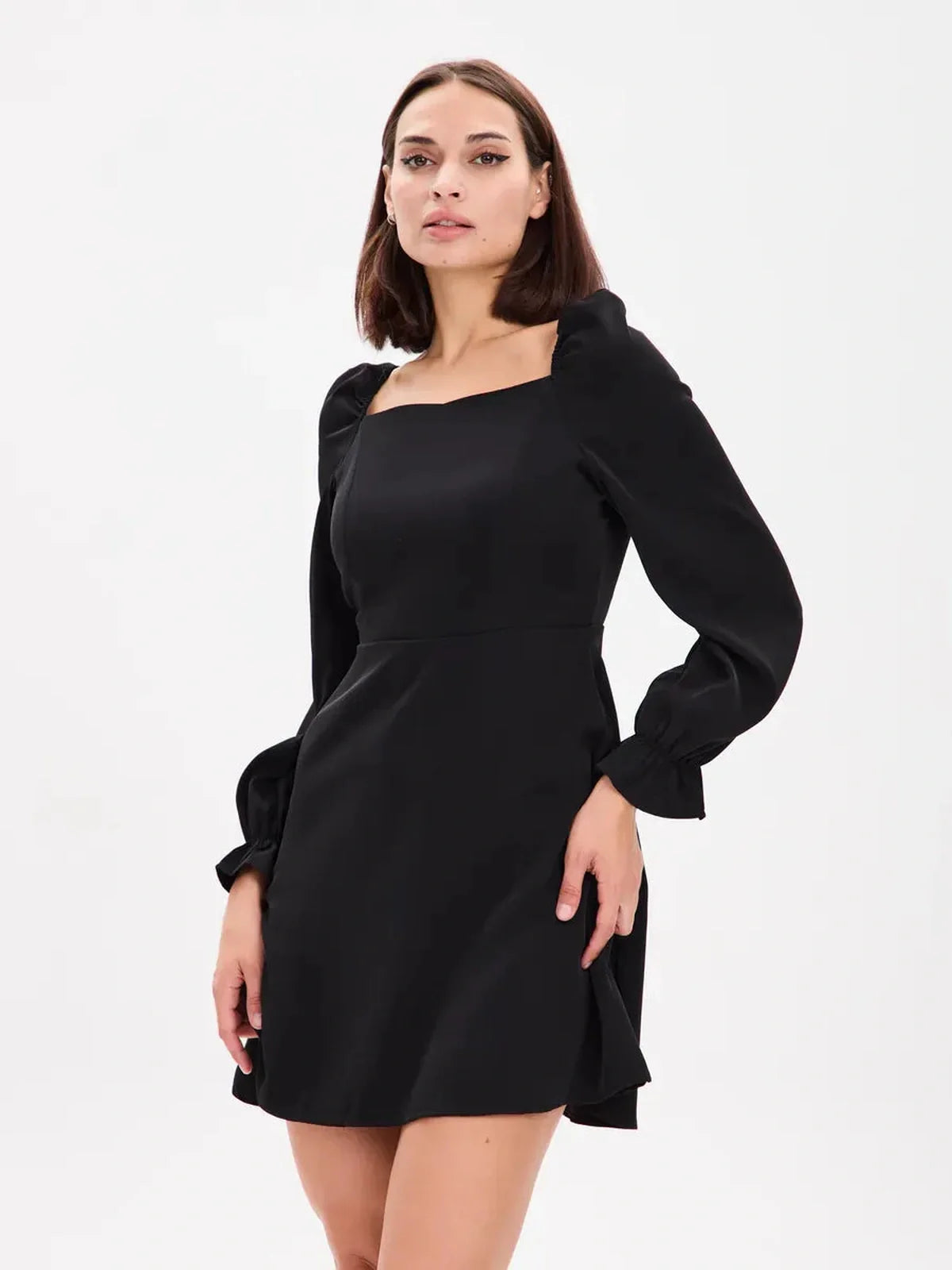 Midnight Frame Mini Dress with structured sleeves and square neckline, ideal for weddings, prom, or cocktail events.