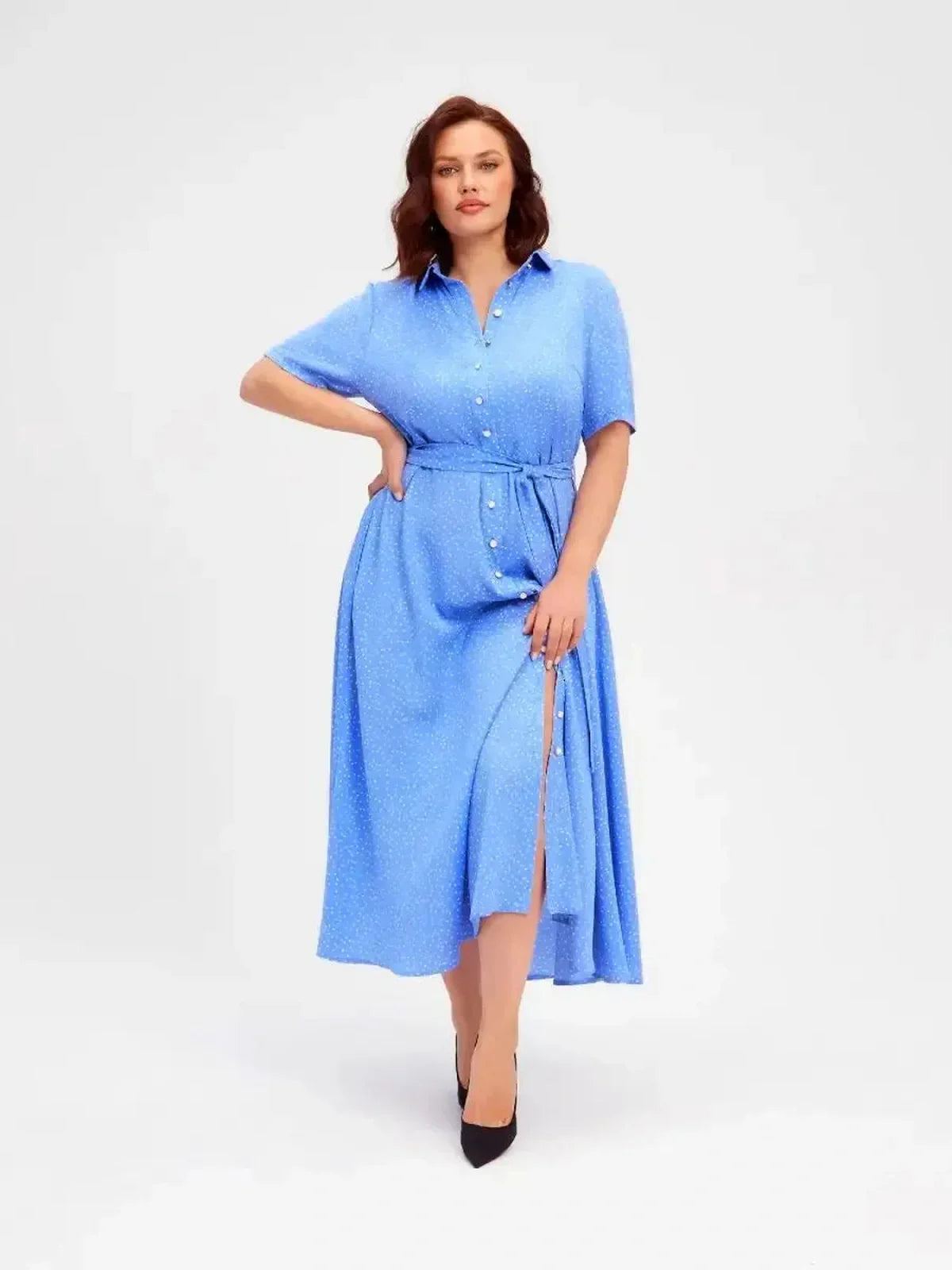Light blue Skyline Dot Midi Dress with button front and adjustable waist, perfect for summer weddings and casual outings.