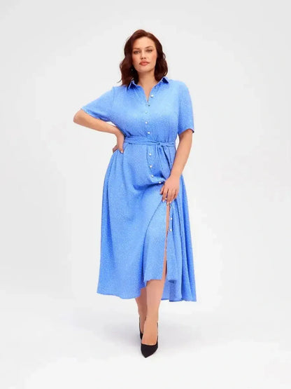 Light blue Skyline Dot Midi Dress with button front and adjustable waist, perfect for summer weddings and casual outings.