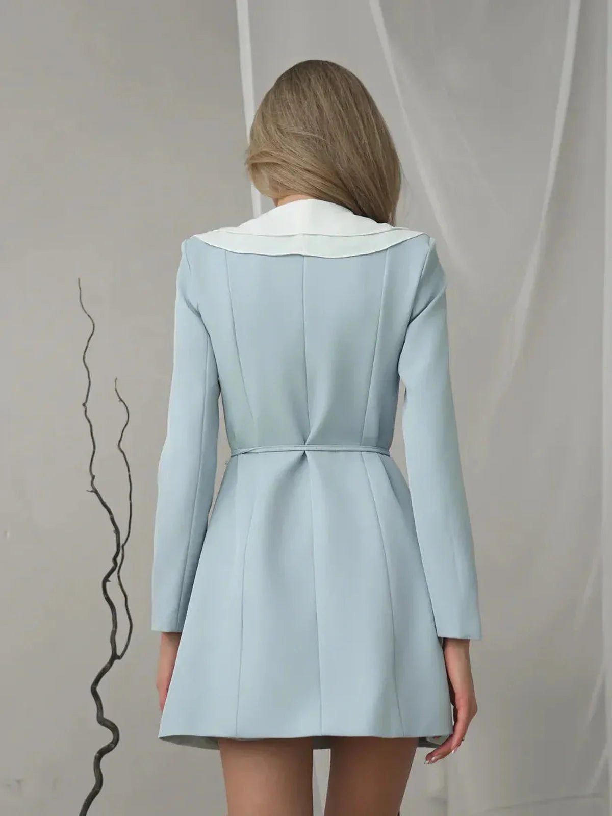 Back view of the Celeste Ruffle Mini, a sky blue mini dress with white collar and long sleeves, perfect for summer and formal occasions.