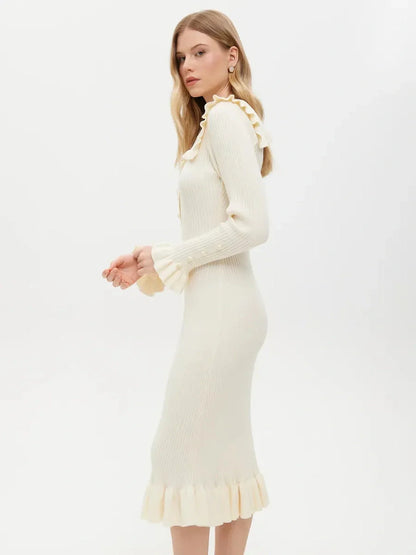 Elegant Pearl Ruffle Midi Dress with soft knit, flounce collar, and ruffled sleeves, perfect for weddings and special occasions.