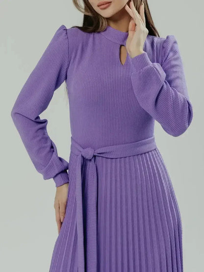Serena Midi Dress in violet featuring a keyhole neckline and elegant pleated design, perfect for formal and wedding occasions.