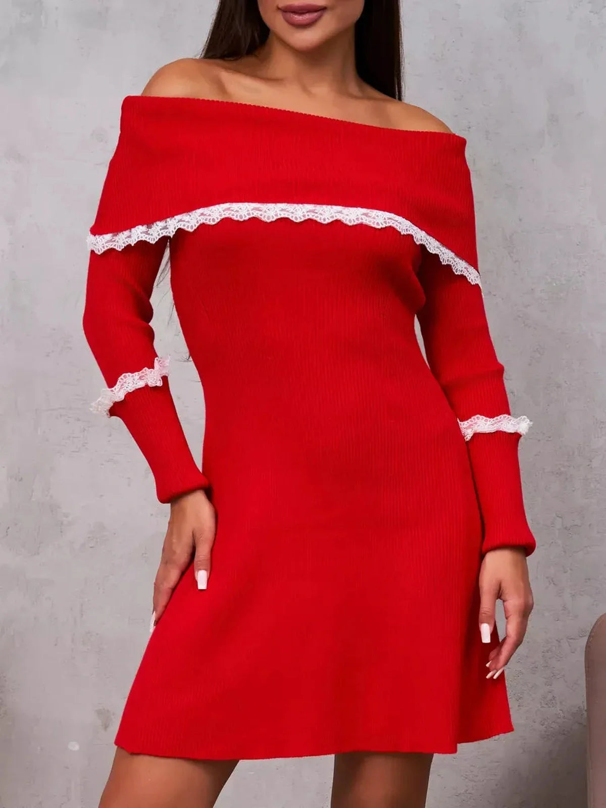 Lace Charm Mini Dress in red, off-shoulder style with lace trim, perfect for weddings, parties, and special occasions.