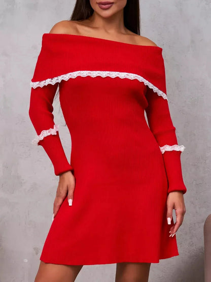 Lace Charm Mini Dress in red, off-shoulder style with lace trim, perfect for weddings, parties, and special occasions.