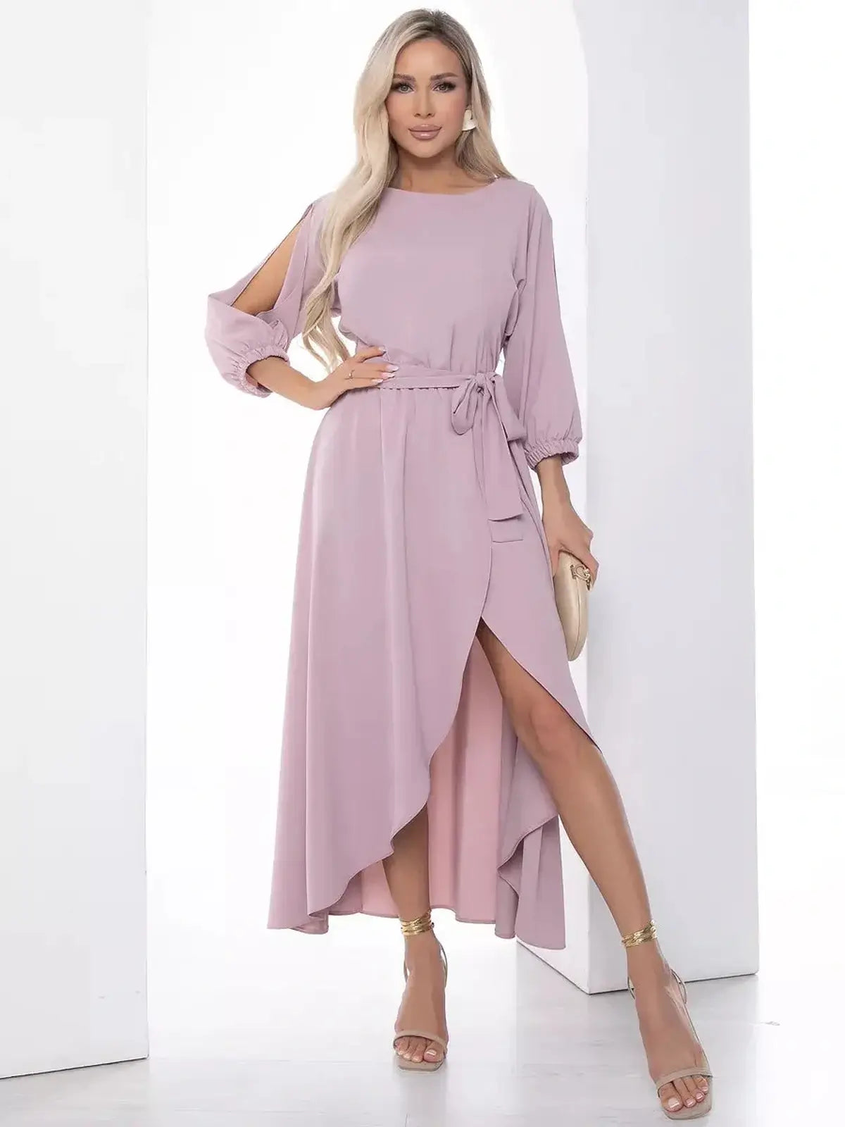 Blush Aura Midi Dress in lilac with shoulder cut-outs, soft fabric for a flattering silhouette, perfect for weddings and formal events.