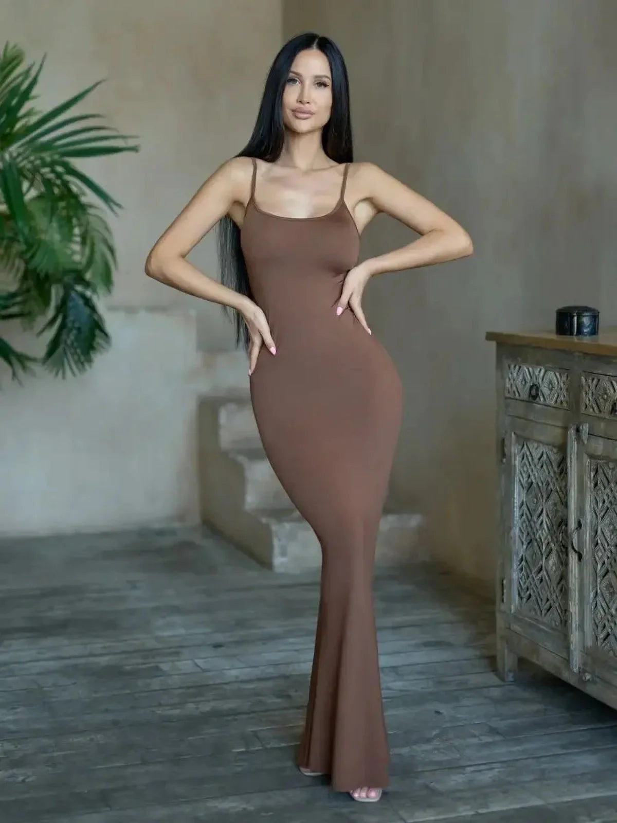 Cocoa Curve Maxi Dress in rich brown, showcasing a fitted design perfect for formal events and summer occasions.
