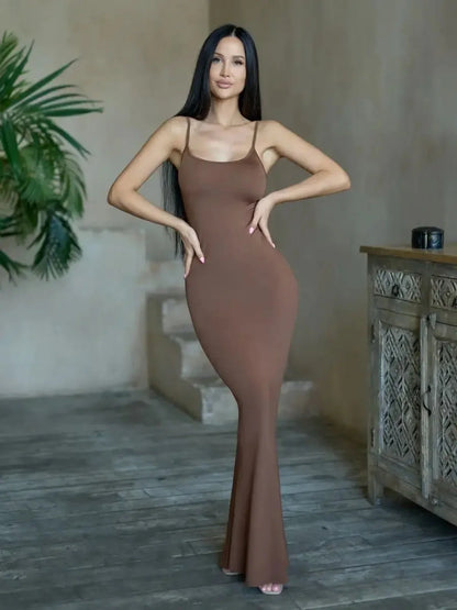 Cocoa Curve Maxi Dress in rich brown, showcasing a fitted design perfect for formal events and summer occasions.