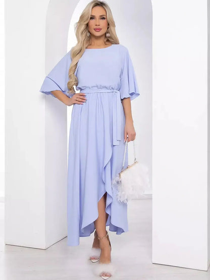 Light blue Grace Flutter Midi Dress with flutter sleeves and wrap-effect skirt, perfect for weddings and special occasions.