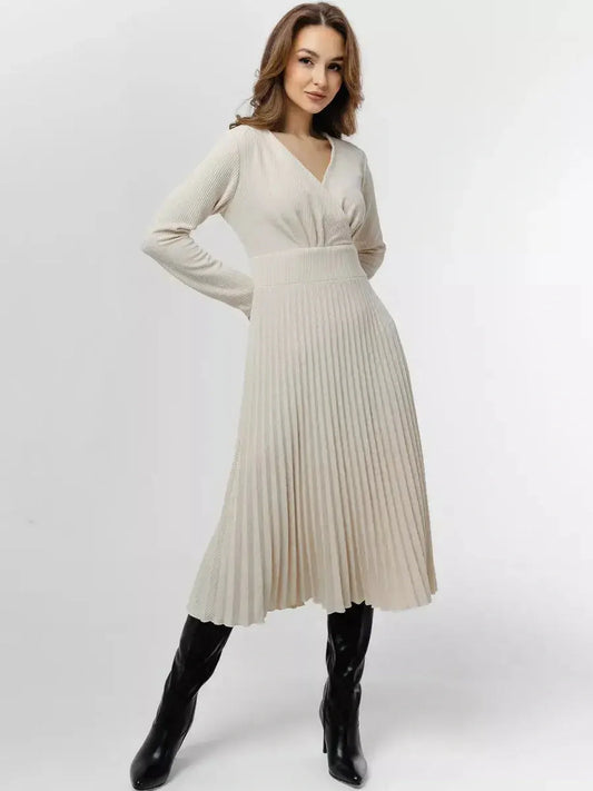 Ivory Grace Midi Dress featuring pleated skirt and V-neckline, perfect for weddings or formal occasions.