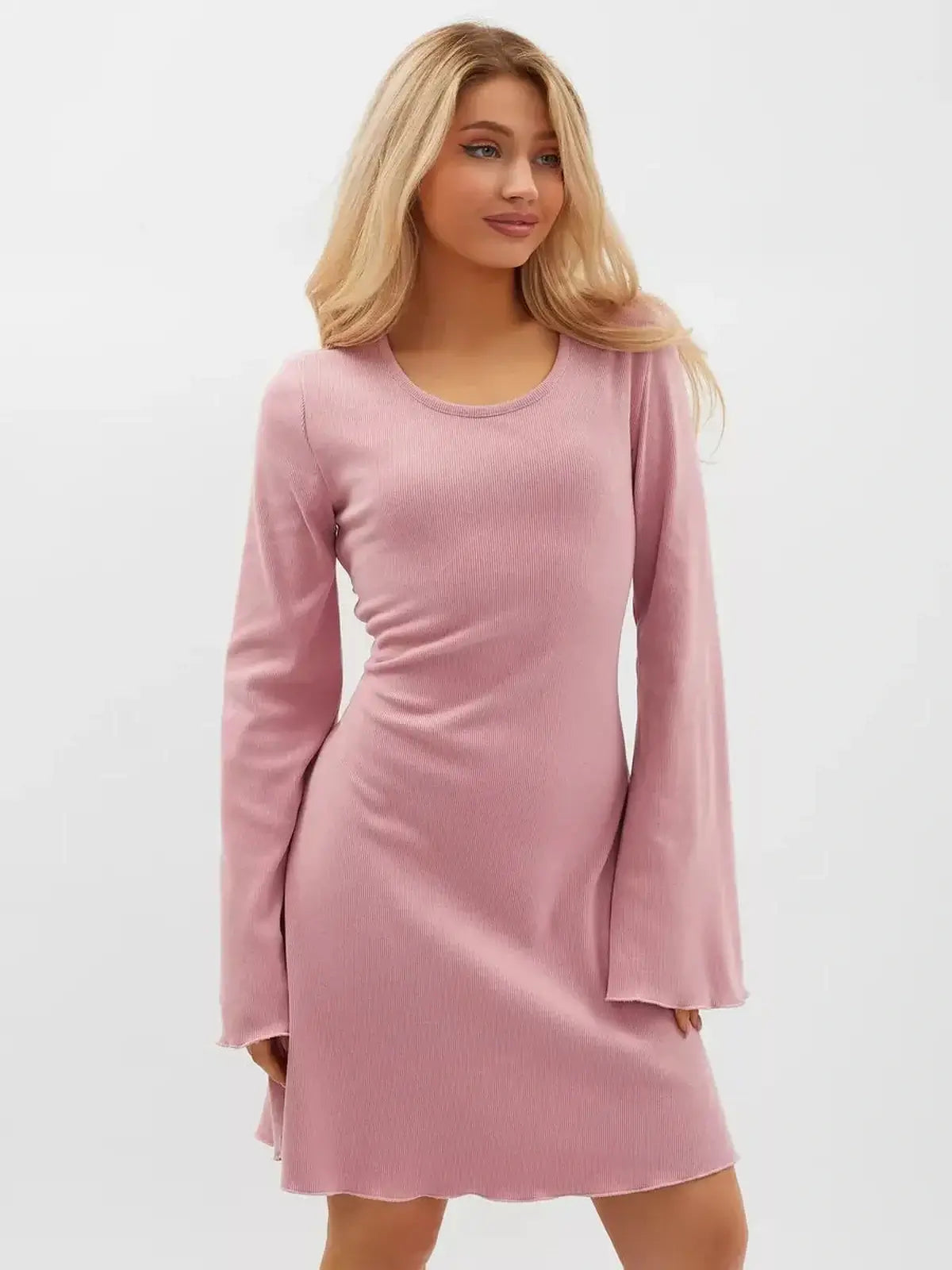 Rose Tie Mini Dress in pink, featuring flared sleeves and lace detail, perfect for casual outings and special occasions.
