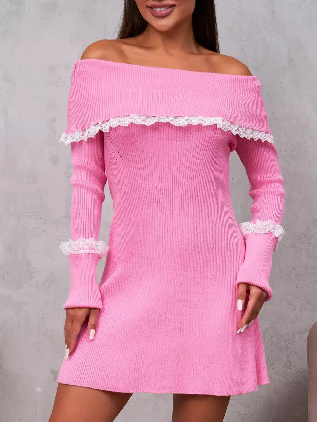 Pink lace-trimmed off-shoulder mini dress, perfect for summer parties, cocktail events, and women's fashion.
