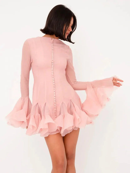 Elegant pink chiffon Rose Whirl Mini Dress featuring flounced sleeves and pleated hem, perfect for summer celebrations.