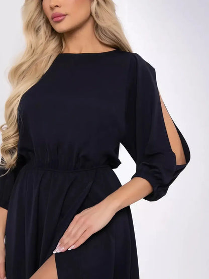 Twilight Grace Midi Dress featuring elegant cutout sleeves and a flattering belted waist in deep navy fabric.
