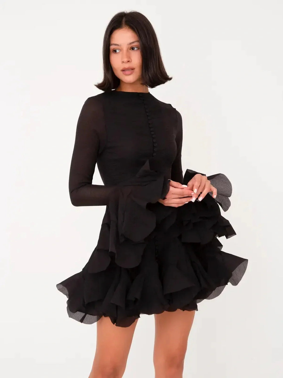 Ruffle Flare Mini Dress in black chiffon with bell sleeves and full flounce hem, perfect for parties and special occasions.